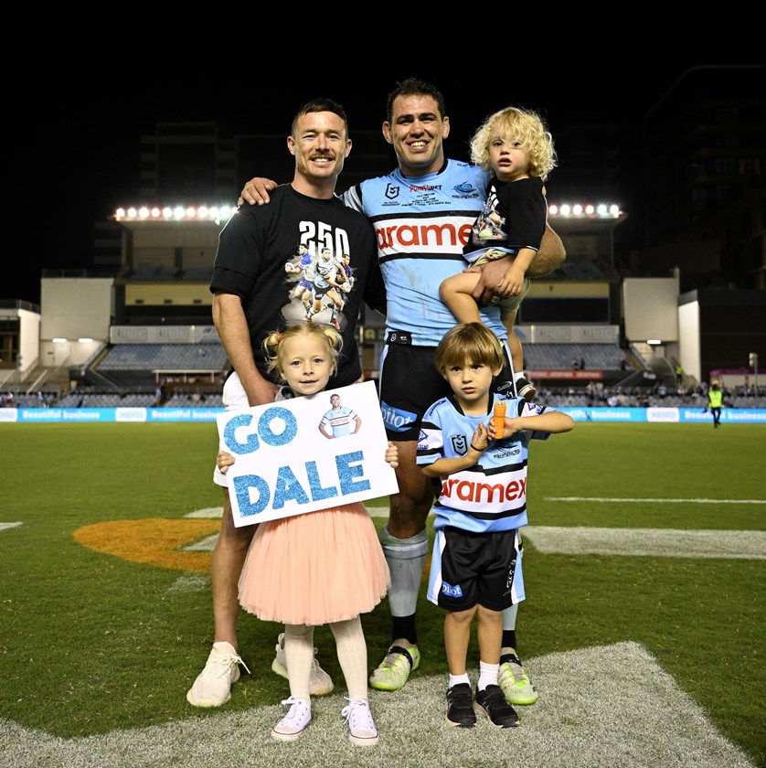 True Blues and good friends Damien Cook and Dale Finucane at his 250th game: NRL Photos