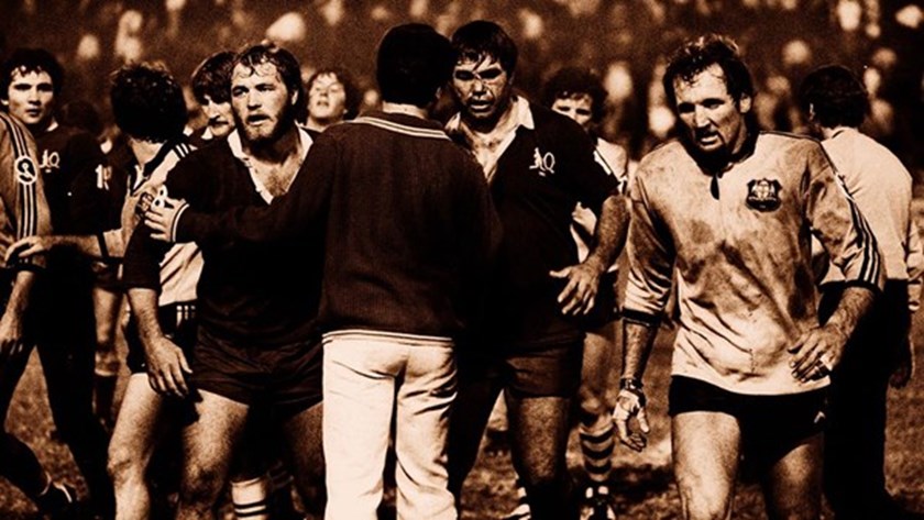 Ray Price, Wally Lewis and Arthur Beetson leave the field after the first State of Origin match in 1980.