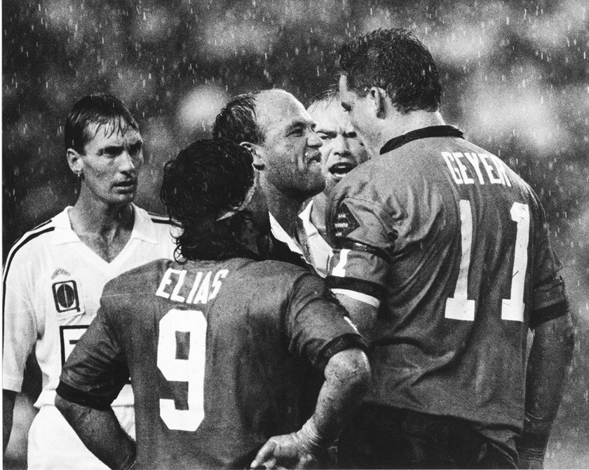 Mark Geyer and Wally Lewis come together in a famous confrontation at the Sydney Football Stadium in Origin II, 1991.