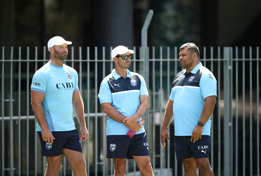 Boyd Cordner, Andrew Johns and Dean Widders (l-r) oversee Junior Blues training