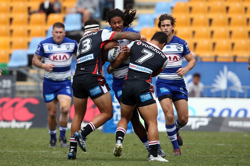 Jayden Okunbor takes a run for the Canterbury-Bankstown Bulldogs in the Intrust Super Premiership NSW.