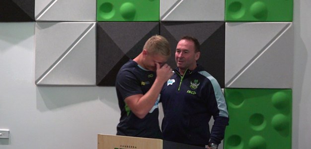 Emotional moment Stuart announces Schneider will make his NRL debut