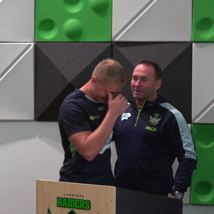 Emotional moment Stuart announces Schneider will make his NRL debut