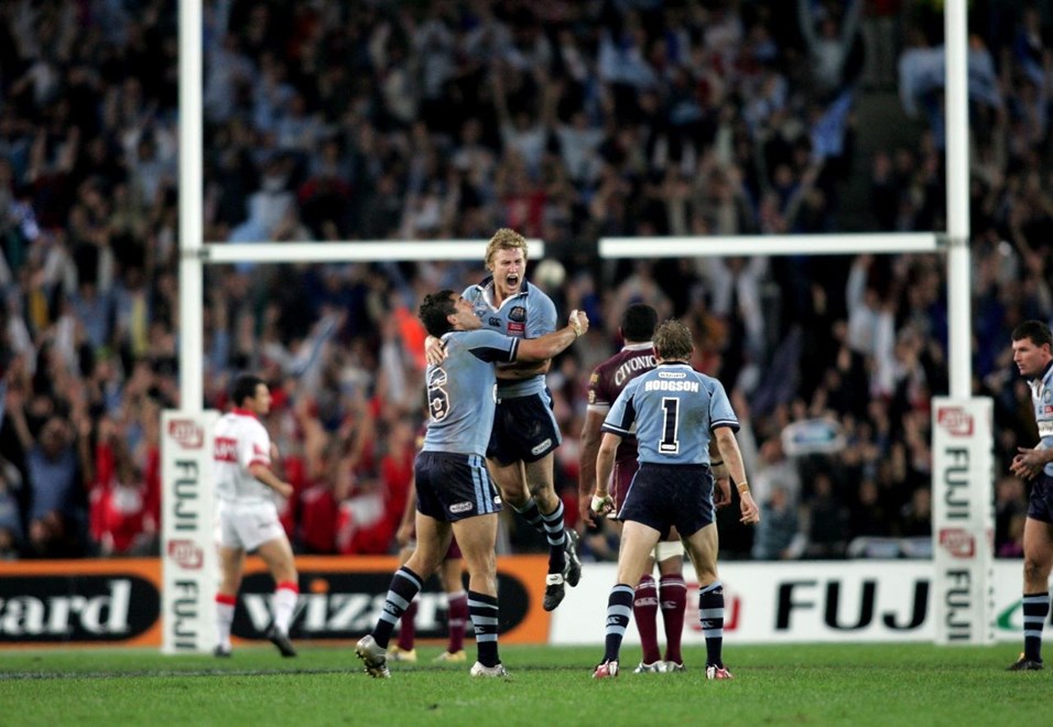 Brett Finch after kicking the winning field-goal during the Harvey Norman State of Origin match 1 at Telstra Stadium Sydney. 24/5/06. ©Action Photographics/Robb Cox