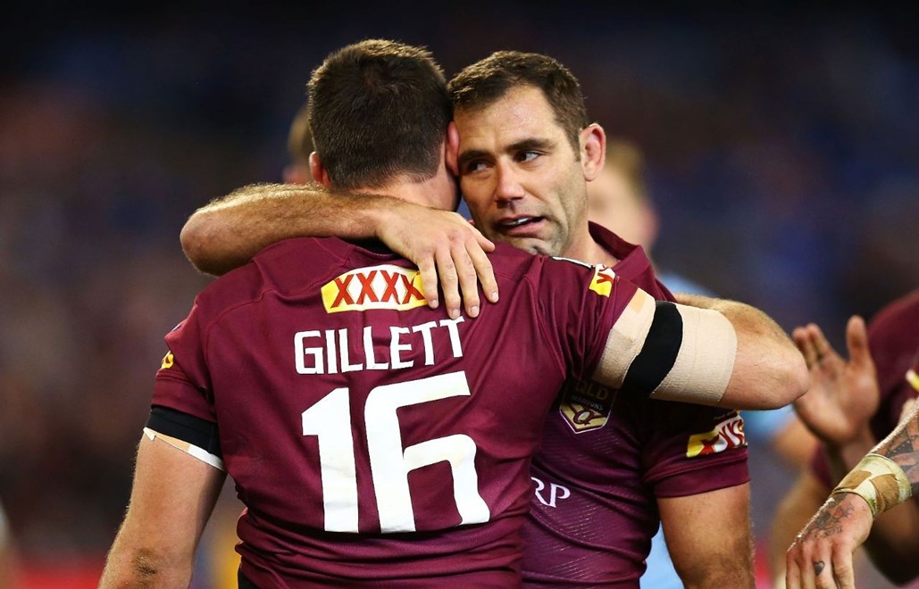 Matt Gillett of the Maroons is congratulated by Maroons captain Cameron Smith after he scored during the Second State of Origin match between New South Wales and Queensland at the MCG on June 17, 2015 in Melbourne, Australia. Digital Image by Mark Nolan.