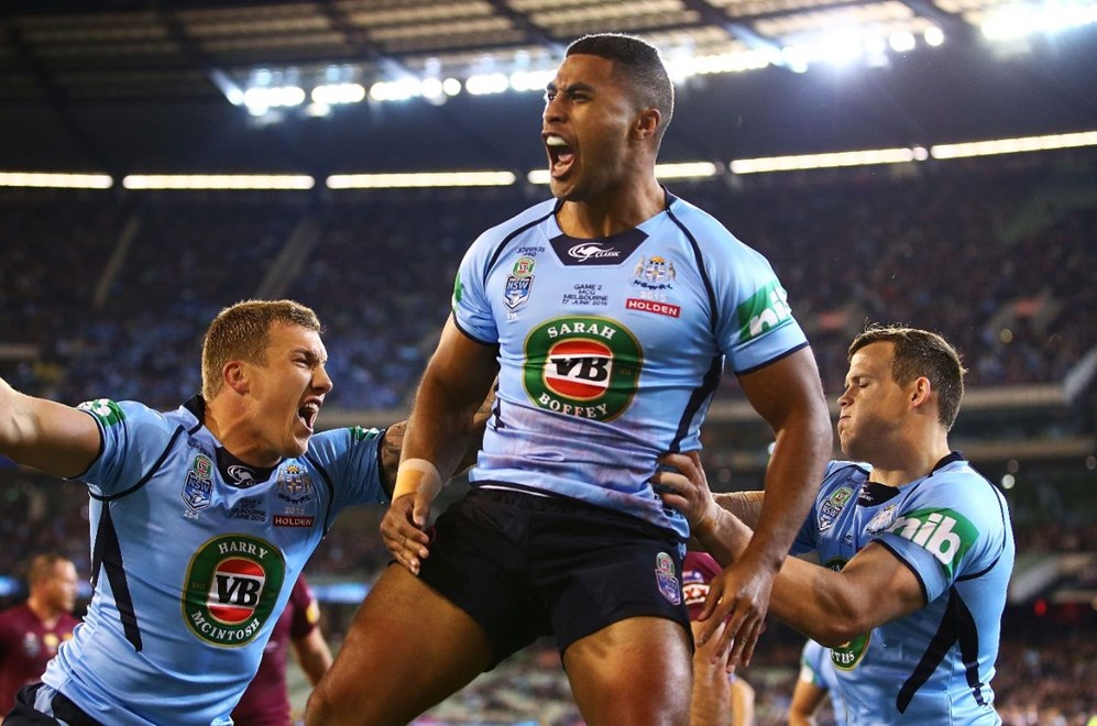 Michael Jennings of the Blues celebrates his try during the Second State of Origin match between New South Wales and Queensland at the MCG on June 17, 2015 in Melbourne, Australia. Digital Image by Mark Nolan.