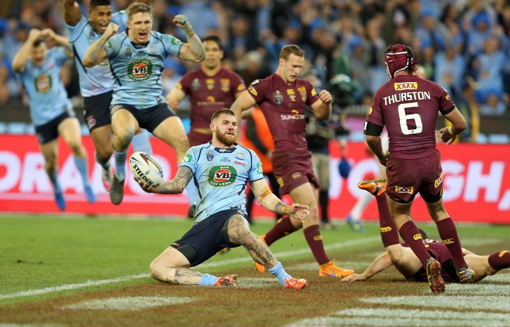 NSW Celebrate after Josh Dugan scores  :Digital Image Grant Trouville Â© NRLphotos  : NRL Rugby League State of Origin - Game 2 at the Melbourne Cricket Ground MCG Wednesday the 17th June  2015.