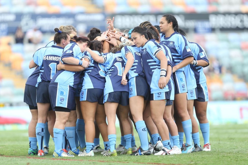 NSW Huddle: 	Women's Rugby League, Interstate Challenge, NSW v Qld, at Townsville, Saturday June 27 2015. Digital Image by Colin Whelan Â© nrlphotos.com