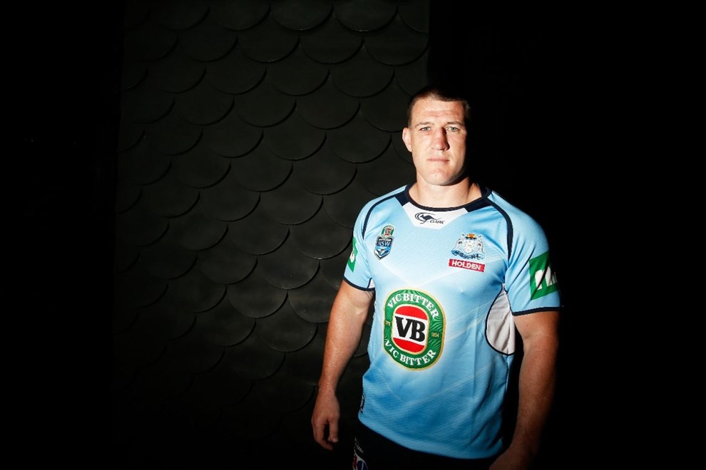 NSW VB Blues coach Laurie Daley and captain Paul Gallen showcase the new-look 2016 NSW State of Origin jersey at The Star Casino, Australia, Friday, December. 18th, 2015. (Photo: Steve Christo)