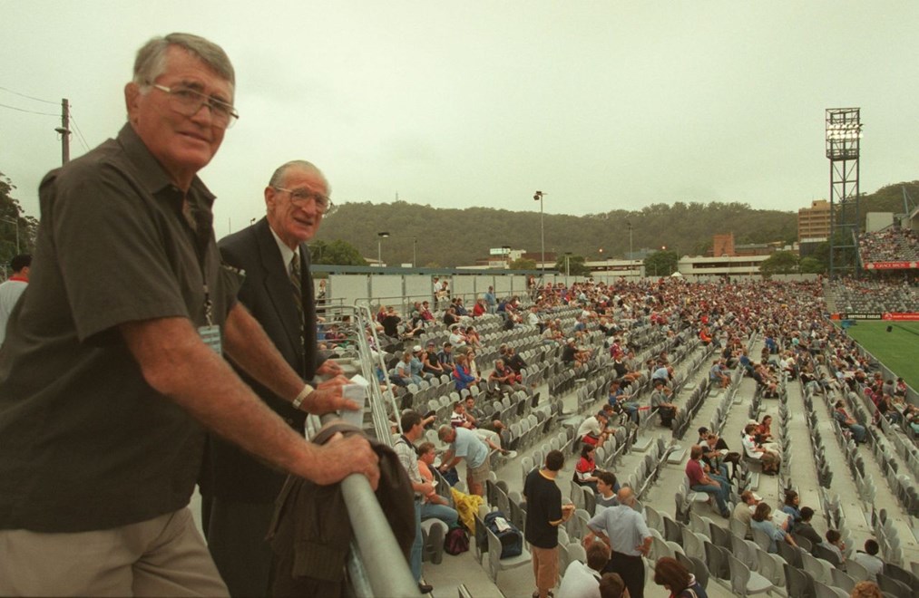 Rex Mossop and Frank Hyde at the opening of NorthPower Stadium, February 6th 2000.. Colour negative by Colin Whelan © Action Photographics