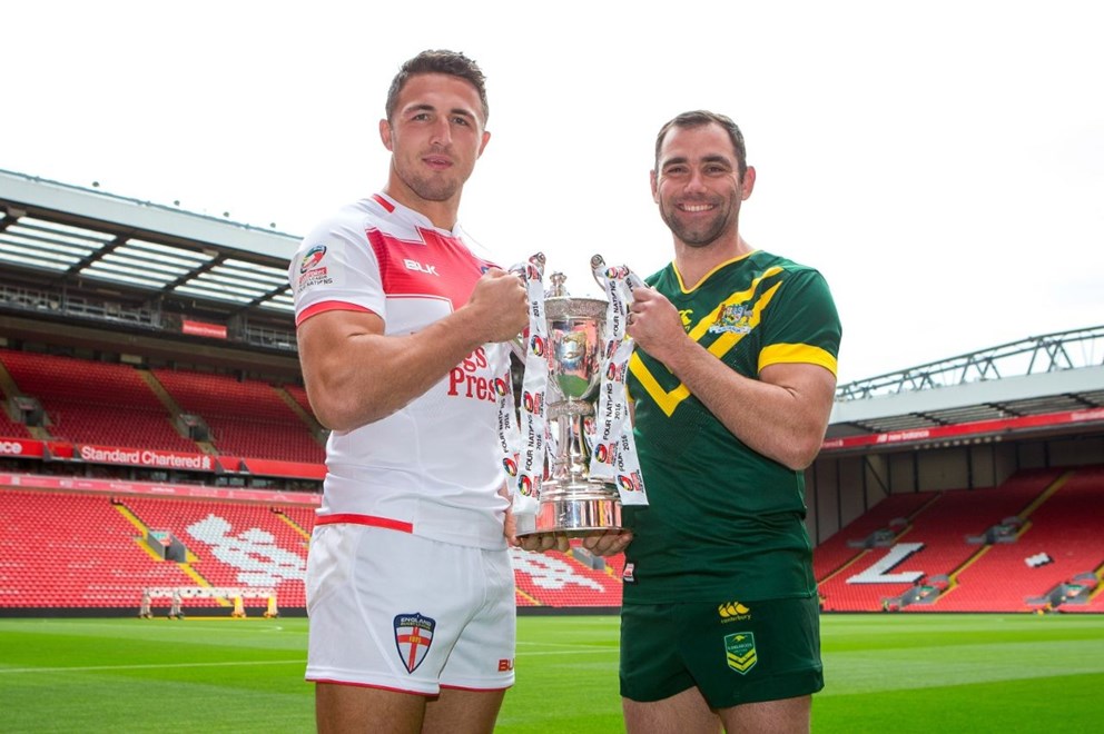 Picture by Alex Whitehead/SWpix.com - 24/10/16 - Rugby League - 2016 Ladbrokes Four Nations Launch - Anfield, Liverpool, England - England's Sam Burgess and Australia's Cameron Smith.