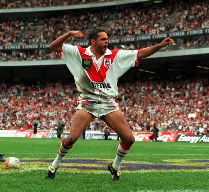 Nathan Blacklock does his thing a trifle prematurely after scoring - Melbourne def St George Illawarra in the NRL Grand Final at Stadium Australia