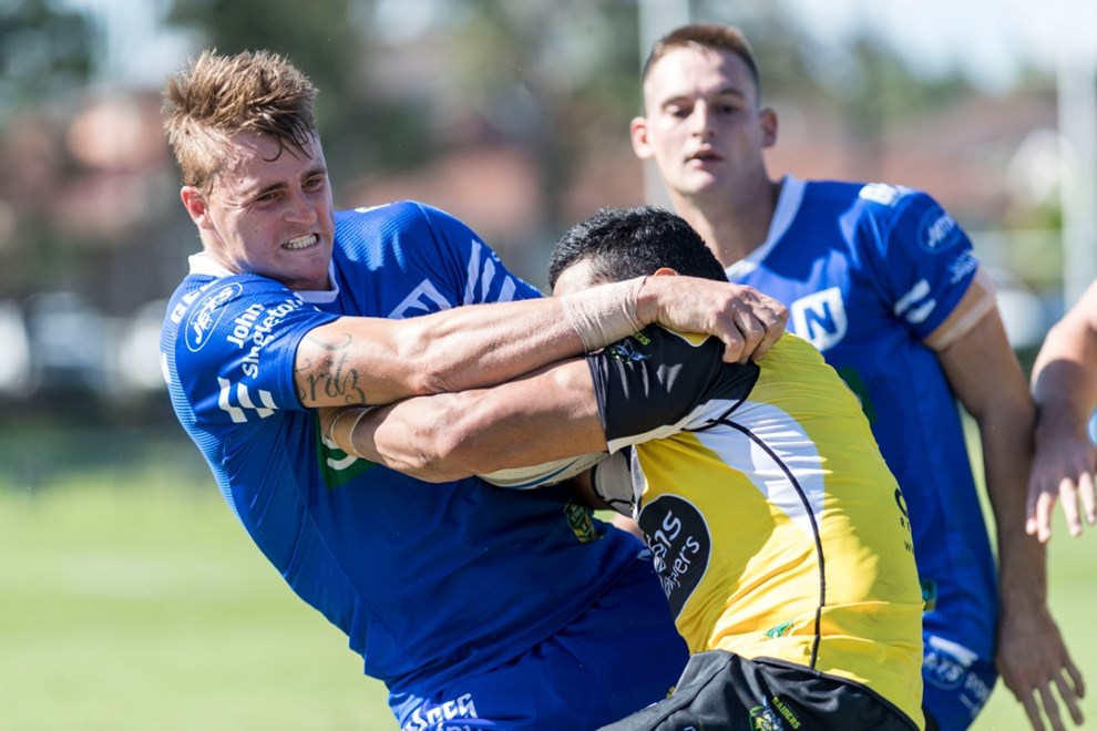 March 11, 2017 - Hinchinbrook, New South Wales, Australia - Newtown Jets Winger Ben FRITZ monsters Mounties Winger Eddie AIONO in the NSWRL Intrust Super Premiership Round 1 match between Mounties RLFC and the Newtown Jets at Aubrey Keech Reserve in Hinchinbrook, New South Wales. (Mario Facchini/mafphotography)