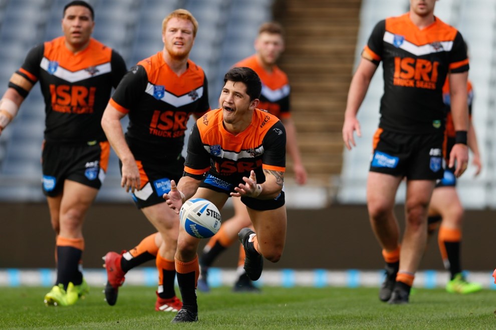 Jeremy Marshall-King in action for the Wests Tigers against the Wyong Roos during the round 14 the Instrust Super premiership match at Campbelltown Stadium - 11 June 2017