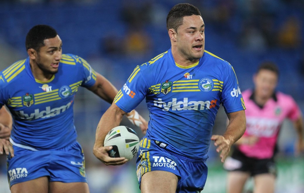 Photo by Colin Whelan copyright © nrlphotos.com :        Jarryd Hayne on the burst which led to his memorable solo try                       NRL Rugby League, Round 20 Gold Coast Titans v Parramatta Eels at Robina, Saturday 26th 2014.