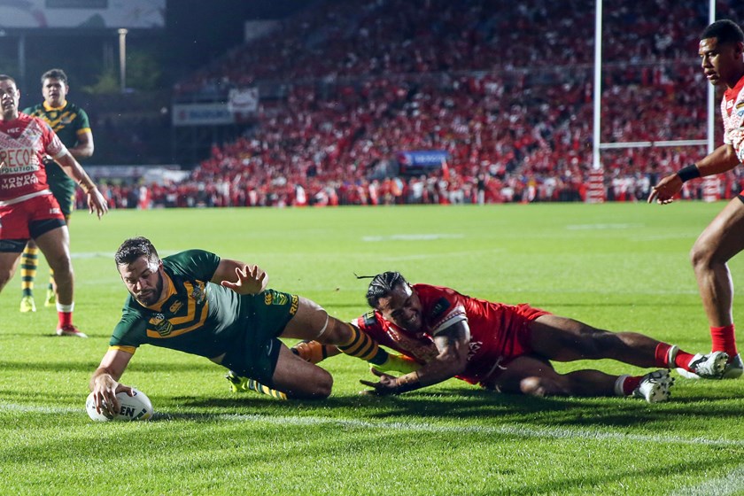 Tedesco scoring a try for Australia. Photo: NRL Photos. 