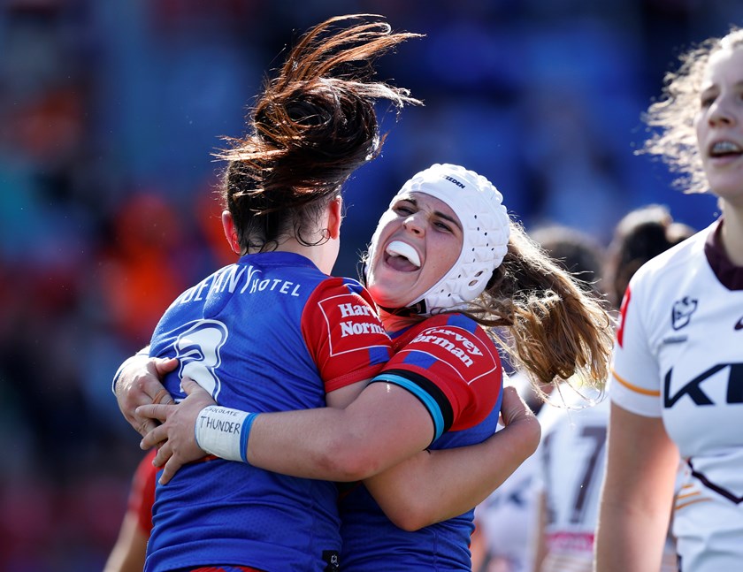 NRL Photos: Jesse Southwell is embraced by Shanice Parker after the win over the Broncos  