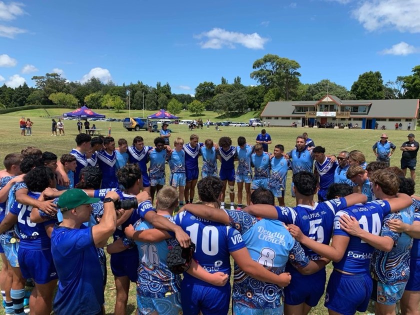 Players from the Auckland Development and NSW Koori U16s come together after full-time.