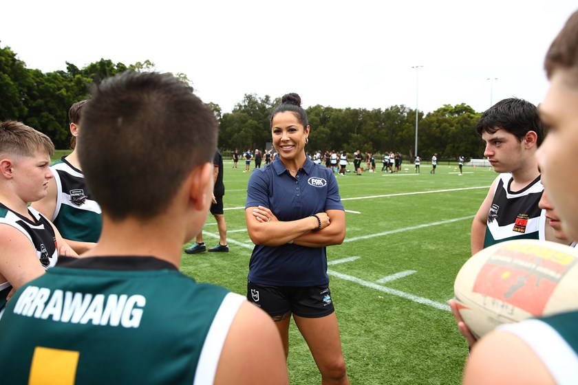 Tiana Penitani chats with Clontarf Academy players. Photo: Brett Costello/Fox Sports