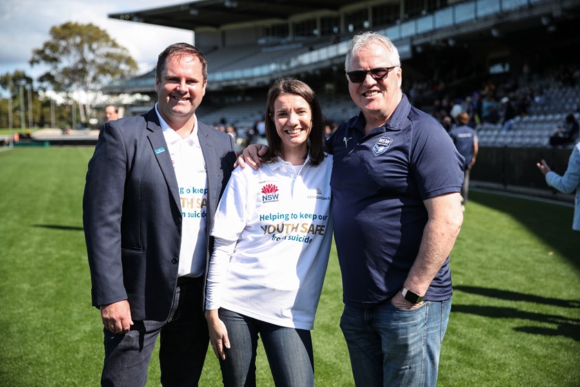 (L-R) LivingWorks CEO Shayne Connell, NSW Minister for Mental Health Rose Jackson, NSWRL Wellbeing Manager Paul Langmack. Photo: Bryden Sharp