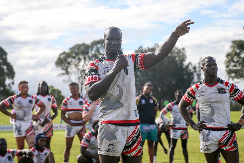 South Sudan captain Stimon Mow thanking the crowd after the Open Male (Emerging) final at Harmony Nines: NRL Photos