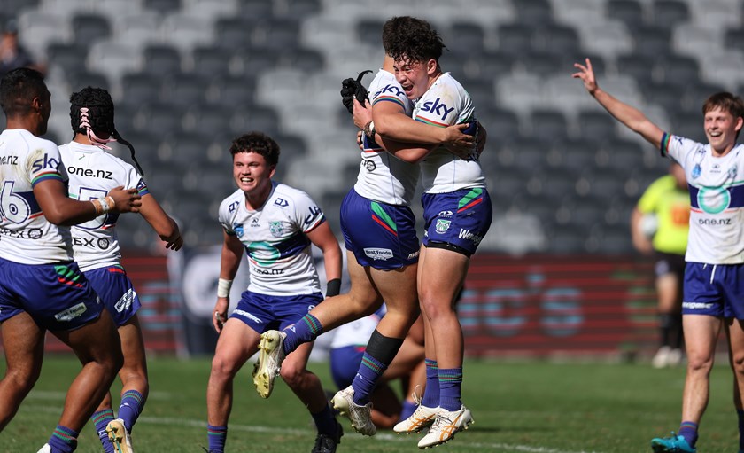 Warriors players celebrate their 2024 SG Ball Cup Premiership win. Photo: Bryden Sharp
