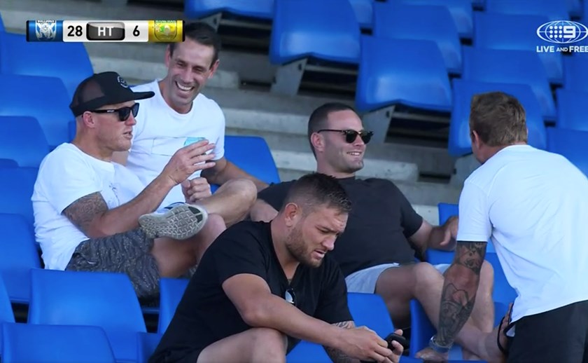 Members of the Roosters' NRL squad take in the Bulldogs v Roos clash at Belmore Sports Ground.