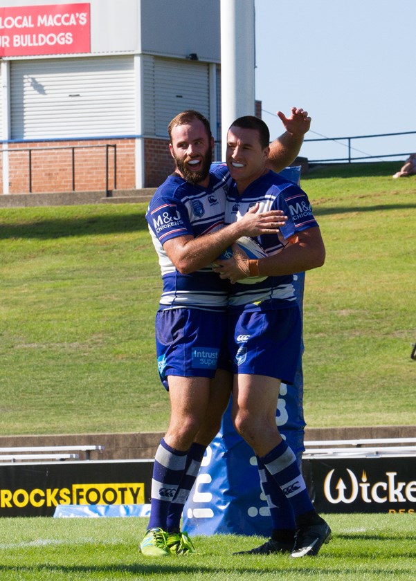 Lachlan Burr celebrates a try scored in the Canterbury-Bankstown Bulldogs' Round 5 win over the Wyong Roos.