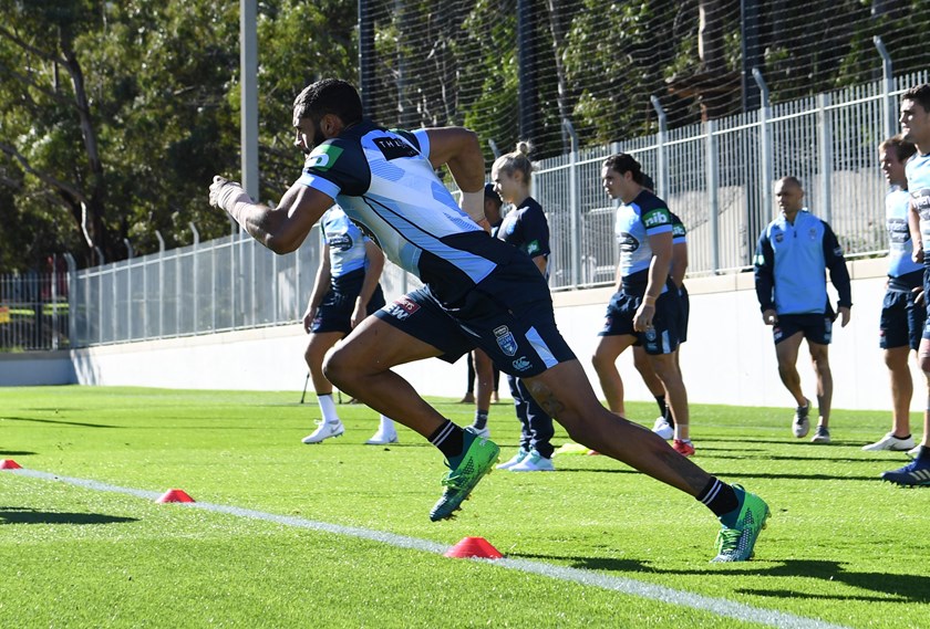 Josh Addo-Carr takes off at Brydens Lawyers NSW Blues training.