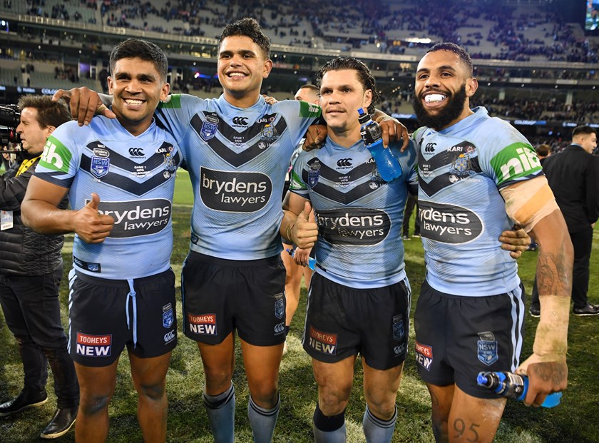 Tyrone Peachey, Latrell Mitchell, James Roberts and Josh Addo-Carr celebrate the Brydens Lawyers NSW Blues' Game One victory.