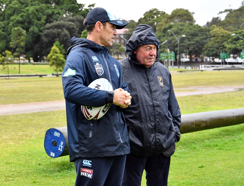 Brad Fittler and Roy Masters look on at Brydens Lawyers NSW Blues training.
