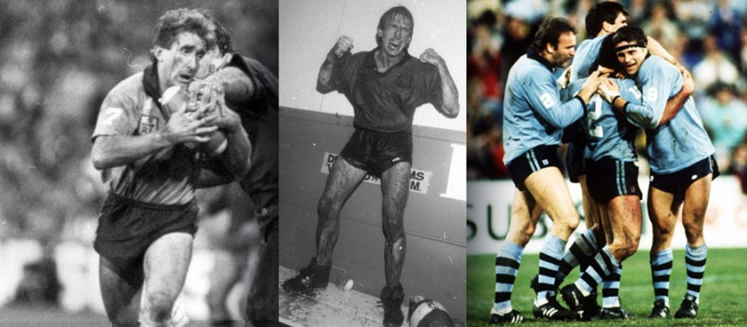 Steve Mortimer during (left) and after Game Two of the 1985 series (middle), and NSW celebrate Ben Elias's try in the first half (right).