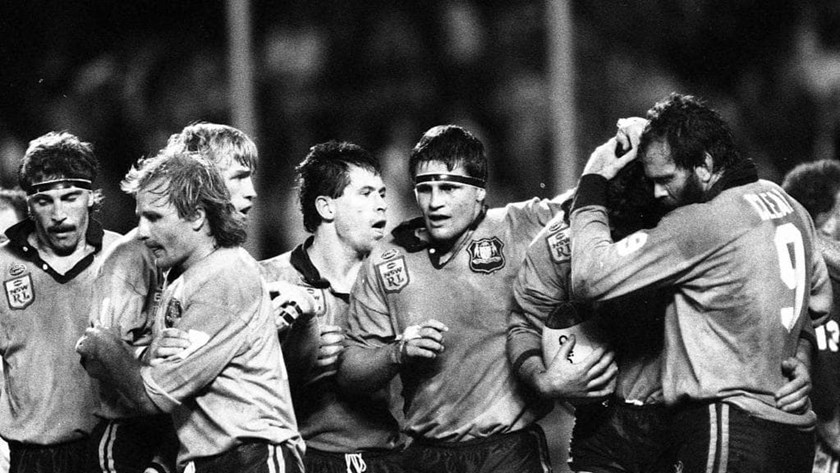 The Wayne Pearce-led Blues celebrate a win in Origin I, 1987.