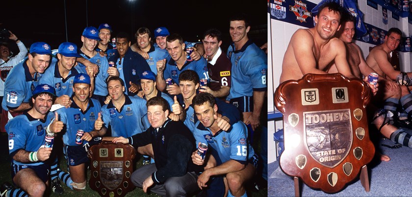 The "NSW Tooheys Blues" celebrate an Origin series win in 1994 (left) and captain Laurie Daley celebrates in 1993 (right).