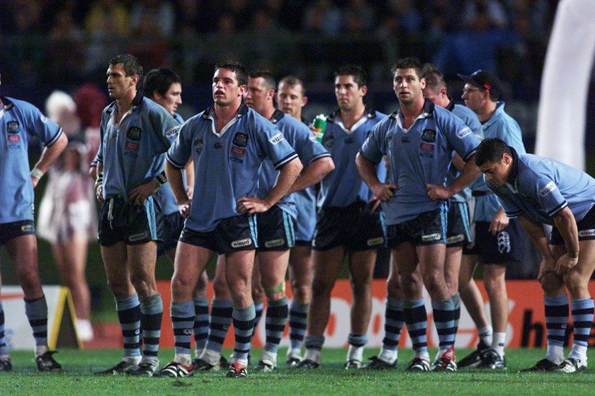 NSW wait for the final conversion in Origin II, 2002. Queensland scored in the final moments for an eventual 26-18 scoreline.