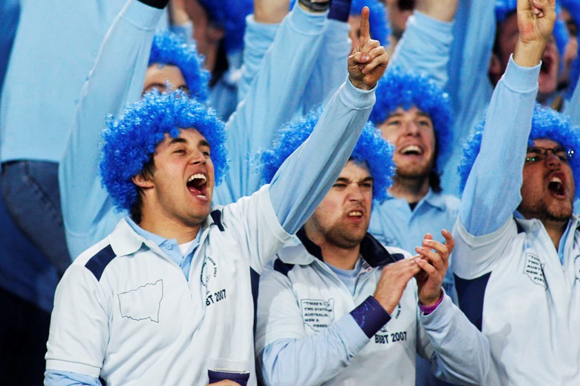 Blatchys Blues cheer on their state at Telstra Stadium (now ANZ Stadium) in Origin II, 2007. Image: NRL Photos.