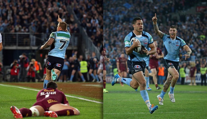Trent Hodkinson crosses for the match-winning try in Origin II, 2014, and Jarryd Hayne runs the ball down over the dead-ball line in the final play of the game to seal victory.